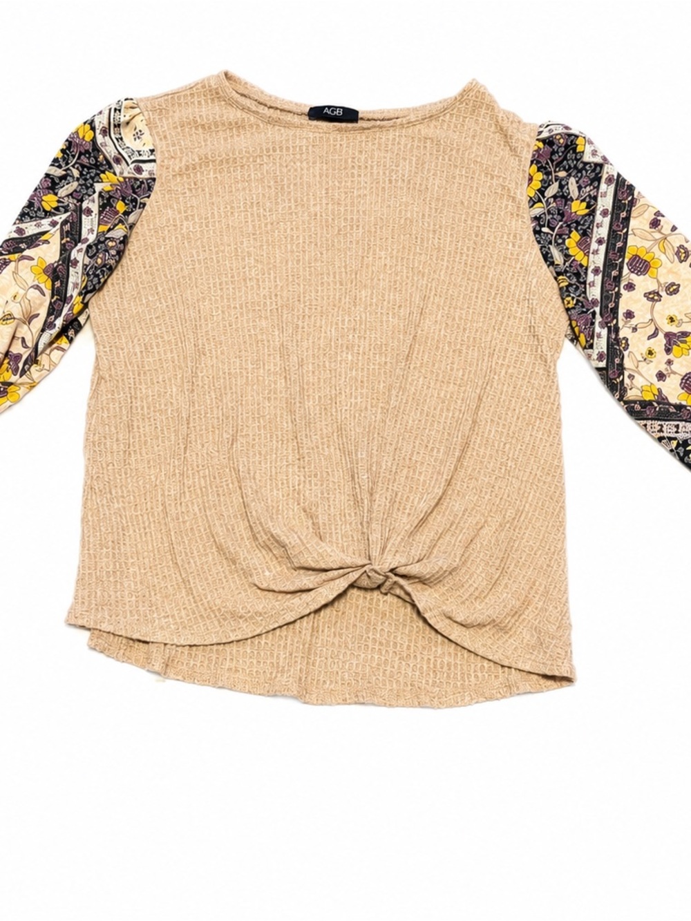 AGB Beige Waffle Knit Top Floral Balloon Sleeves Front Knot Boho